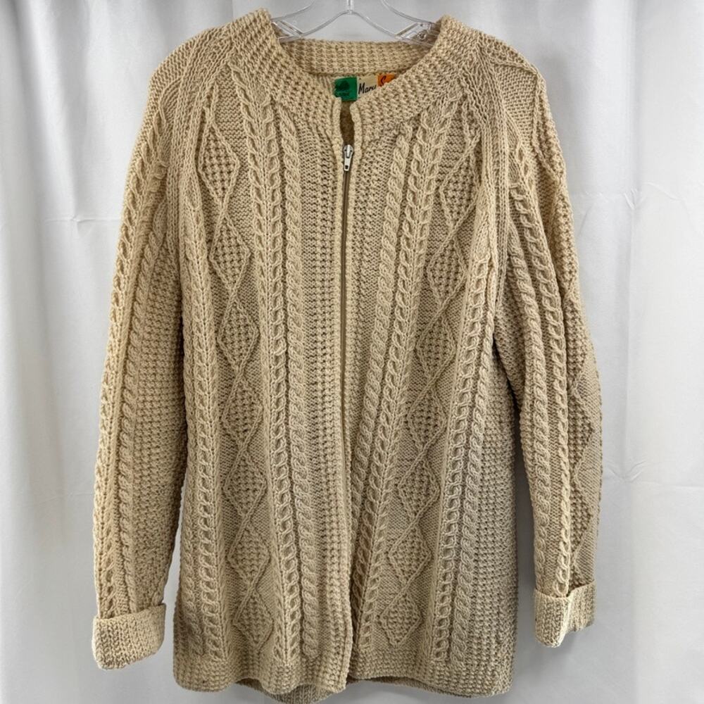 Vtg Mary Smith Handknit Wool Fisherman Full Zip Sweater Jacket No Size Tag